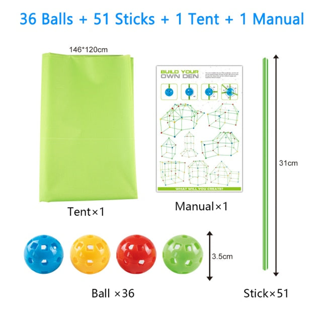 Kids Construction Toys Fort Tent Building Kits DIY 3D Play Tents House Sticks Design Building Tools Assemble Montessori Toys