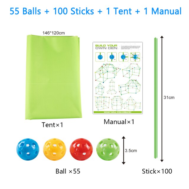 Kids Construction Toys Fort Tent Building Kits DIY 3D Play Tents House Sticks Design Building Tools Assemble Montessori Toys