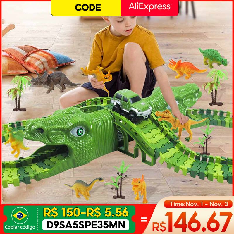 153Pcs Dinosaur Railway Car Track Racing Track Toys Set Bend Flexible Race Track Flash Light Car Educational Toys for Kids Gift