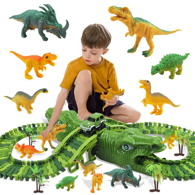 153pcs Dinosaur Electric Rail Car Track Racing Toy Set Bend Flexible Race Track Flash Light Car Educational Toys