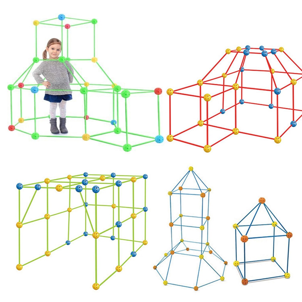 Kids Construction Toys Fort Tent Building Kits DIY 3D Play Tents House Sticks Design Building Tools Assemble Montessori Toys